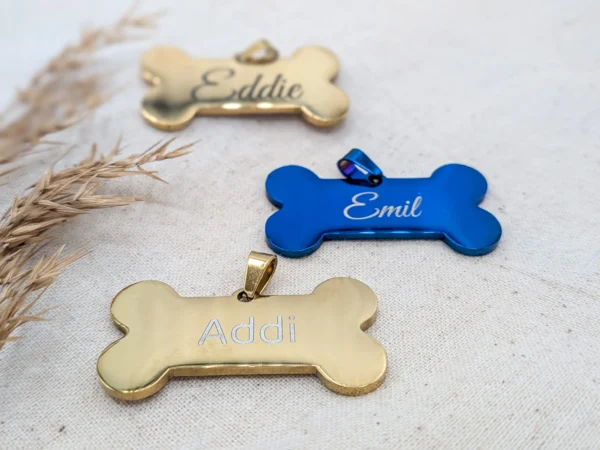 Personalisierte Hundemarke „Bono“ in fünf Farben: Gold, Rosé, Schwarz, Blau, Bunt