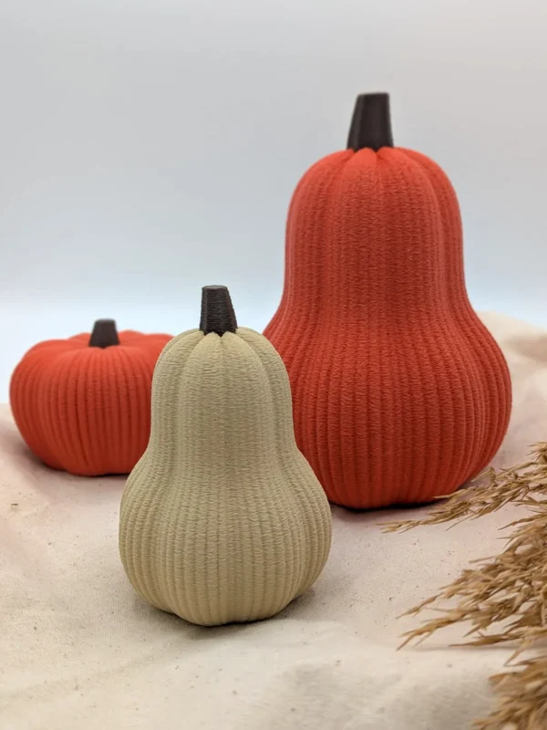 Deko-Kürbis „Kabocha“ in Orange neben länglichen Butternut-Kürbissen